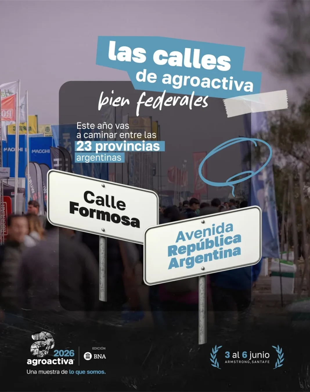 Vista aérea del predio de AgroActiva en Armstrong, Santa Fe, con calles señalizadas con nombres de provincias argentinas