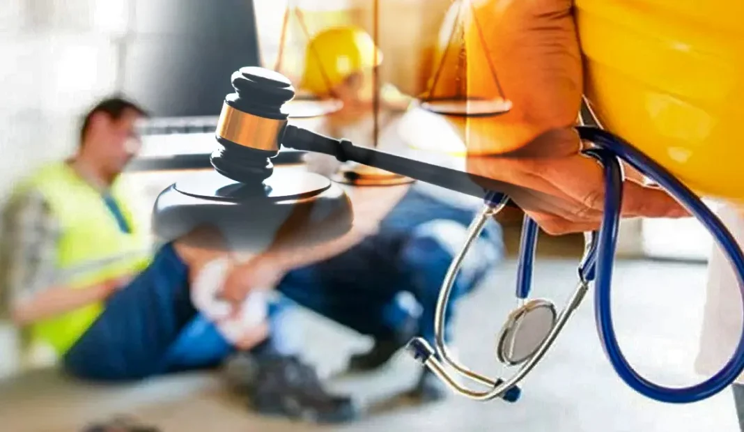 Ilustración de un médico perito analizando documentos legales en un escritorio.