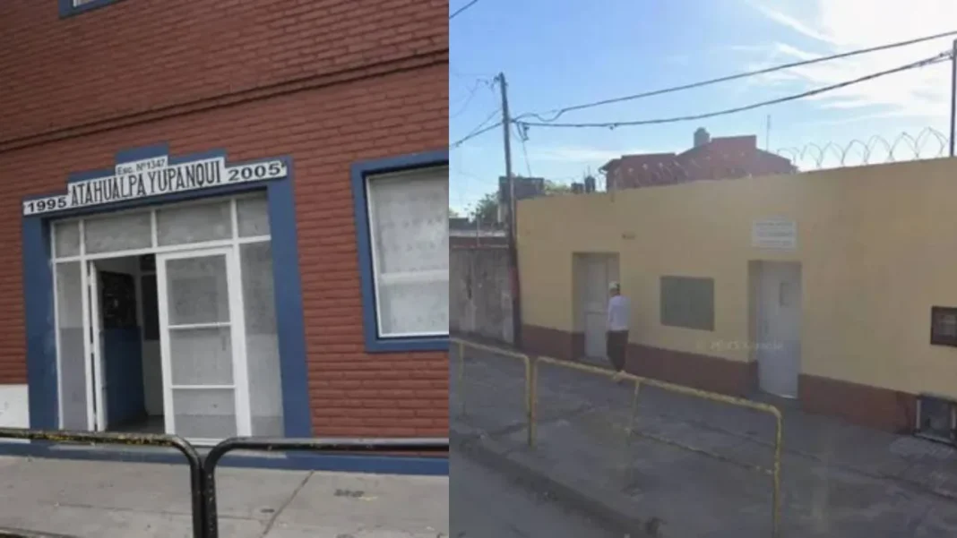 Puerta de escuela con bandera con mensaje mafioso en Rosario