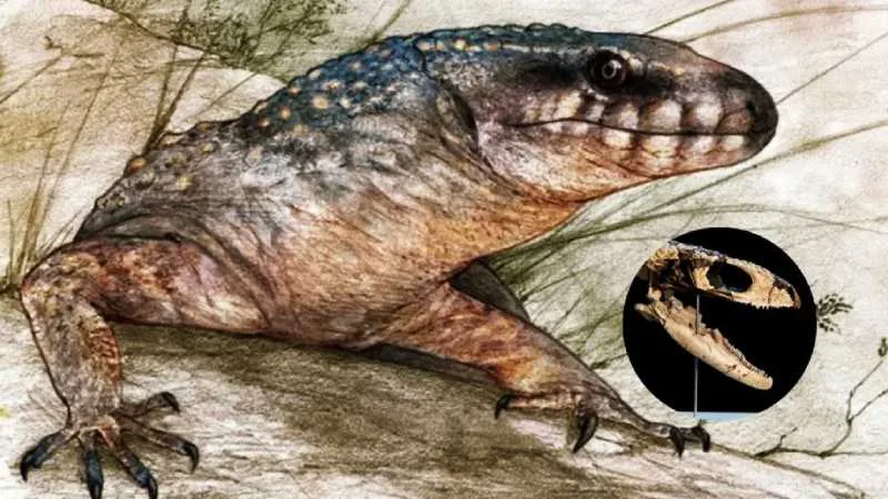 Reconstrucción artística del reptil Paleoteius lakui en su hábitat del Cretácico tardío