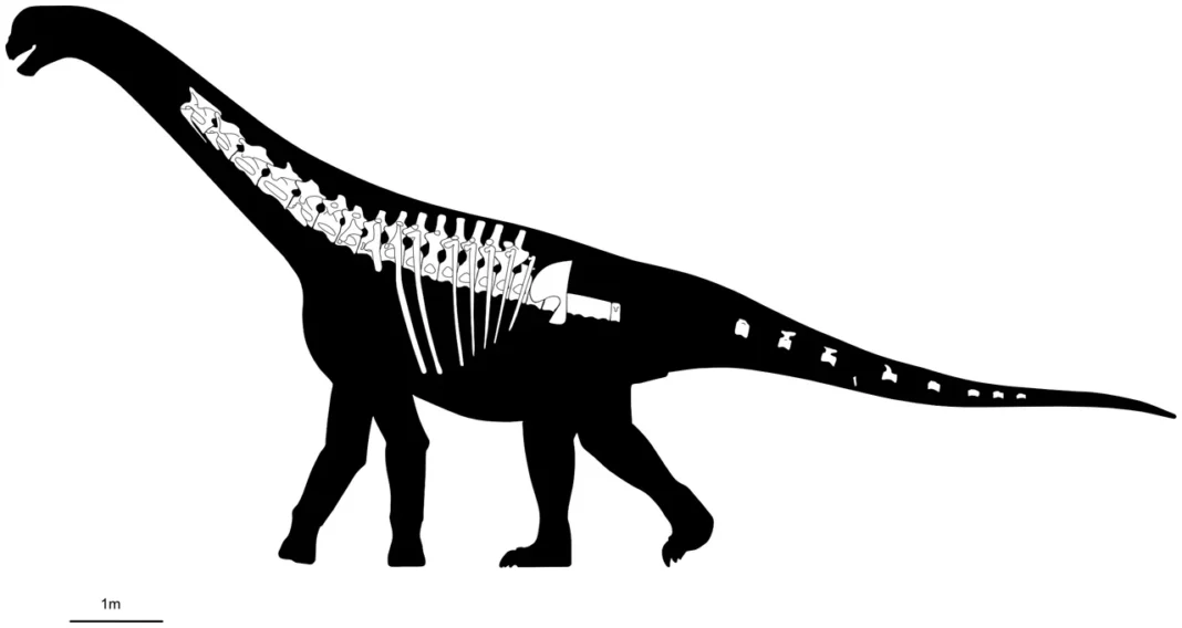 Recreación artística del dinosaurio Bicharracosaurus dionidei en un paisaje jurásico de la Patagonia.