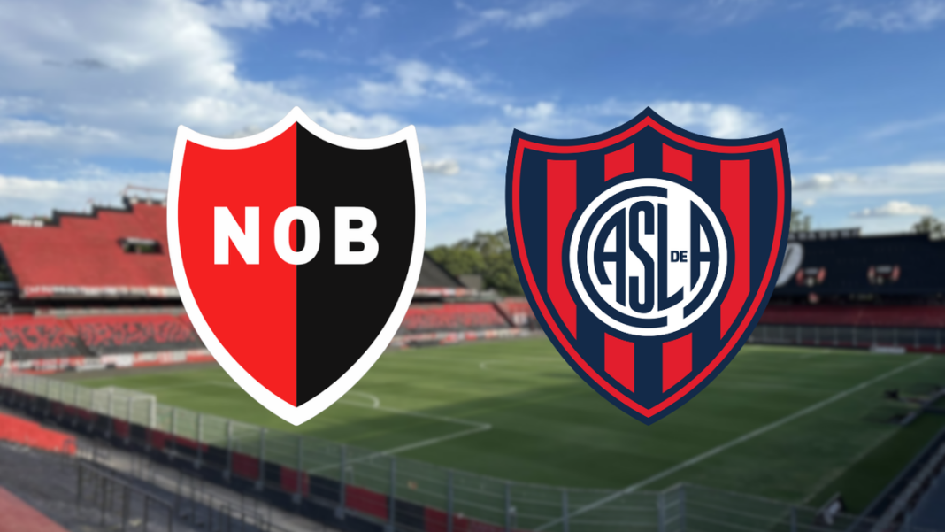 Escudo de Newell's Old Boys y escudo de San Lorenzo, separados por un balón de fútbol.