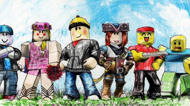 Ilustración de un padre y un niño usando una tablet, con el logo de Roblox en un entorno digital seguro.