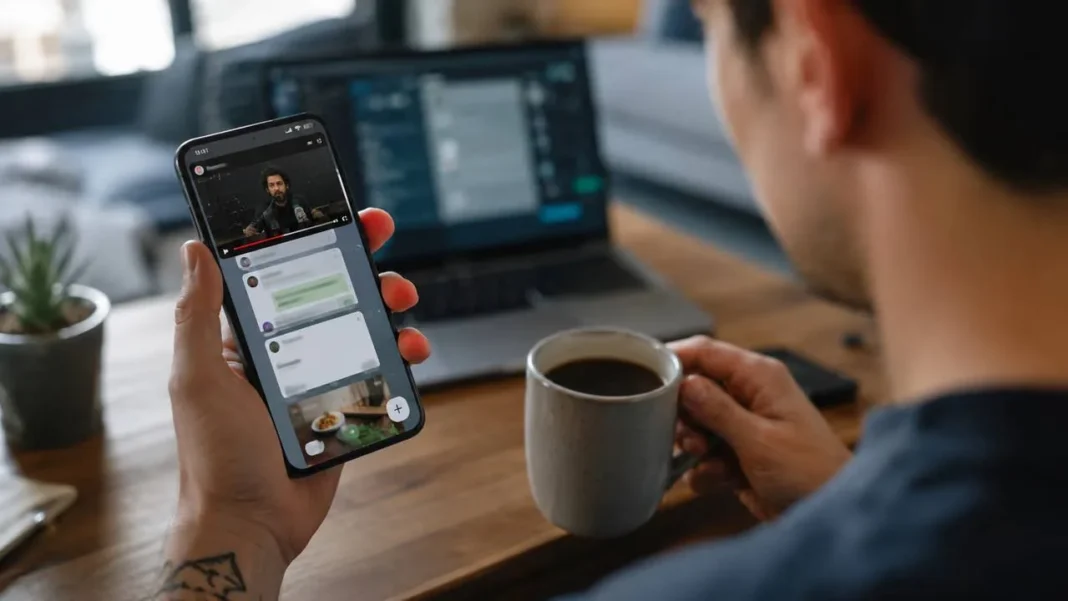 Persona usando el teléfono con una ventana flotante de YouTube en segundo plano