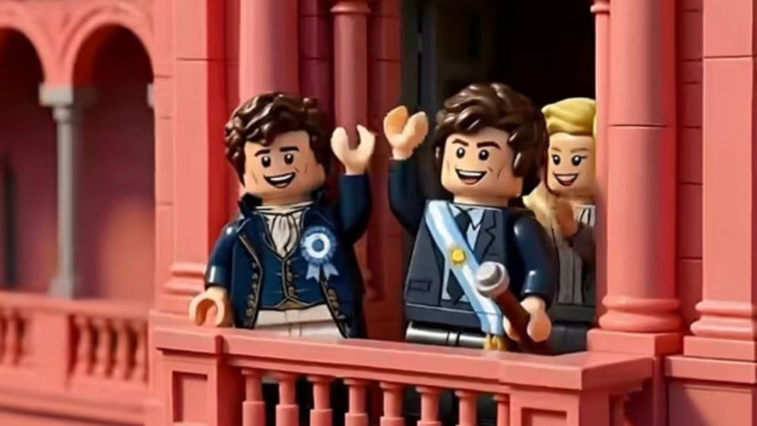 Captura del video animado de Javier Milei con estética Lego y figuras históricas
