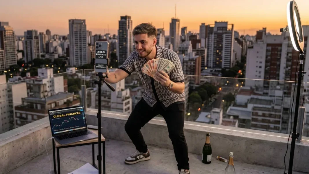 Hombre joven mirando gráficos de criptomonedas en una computadora, con expresión de frustración