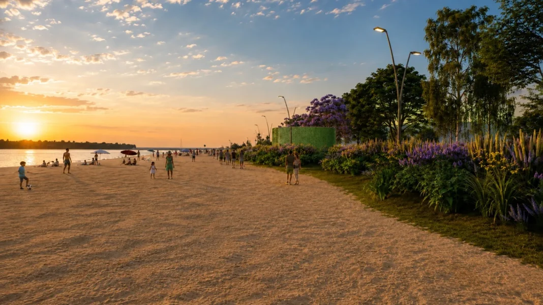 Vista del paseo costero de Rosario con el río Paraná de fondo