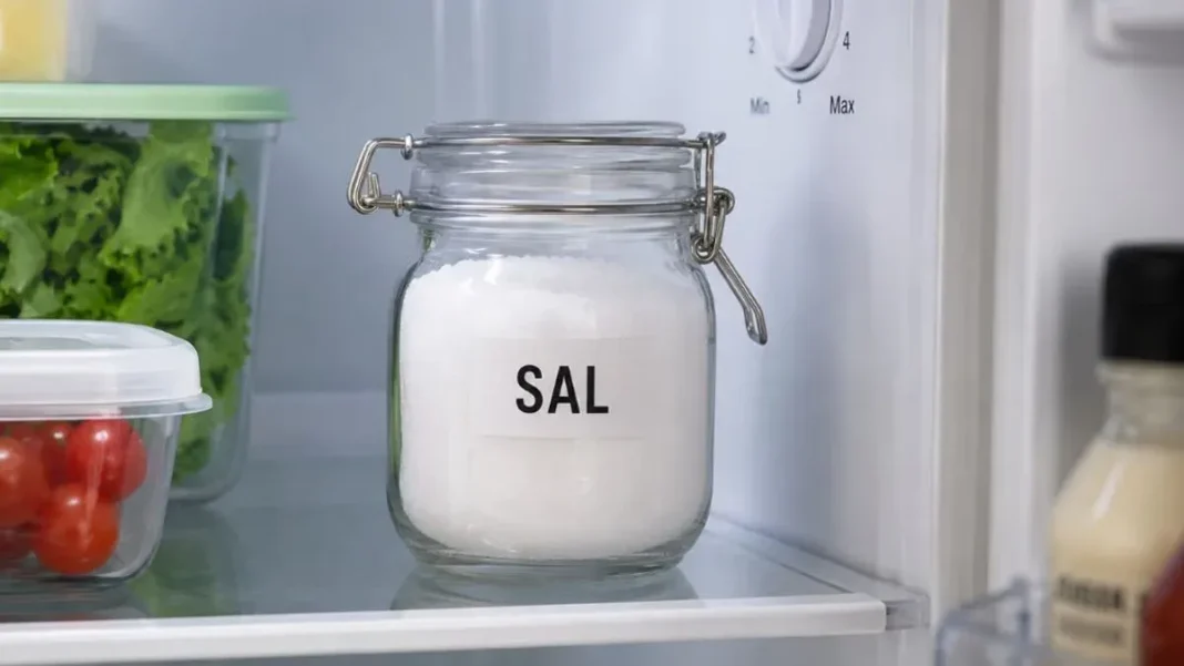 Salero con sal granulada sobre una mesada de cocina