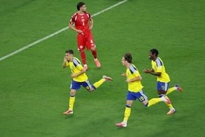 Jugadores de Suecia celebrando un gol durante el partido contra Túnez en el Mundial 2026