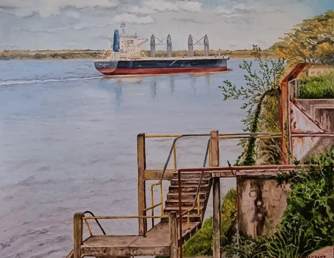 Obra de la serie Navegantes de Marcela Waigandt, con representación realista de barcos y agua