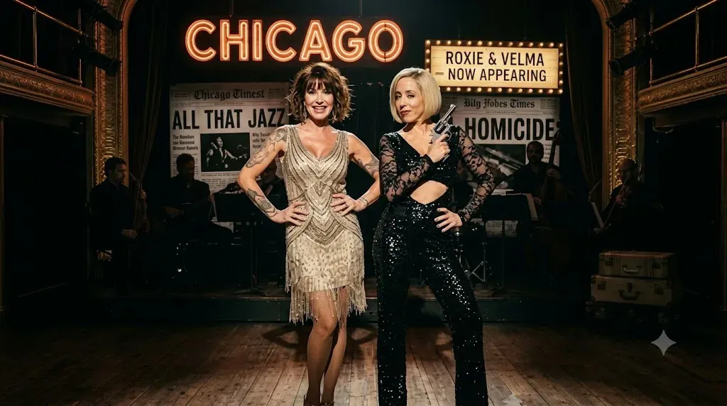 Cartel del musical Chicago con siluetas de bailarinas