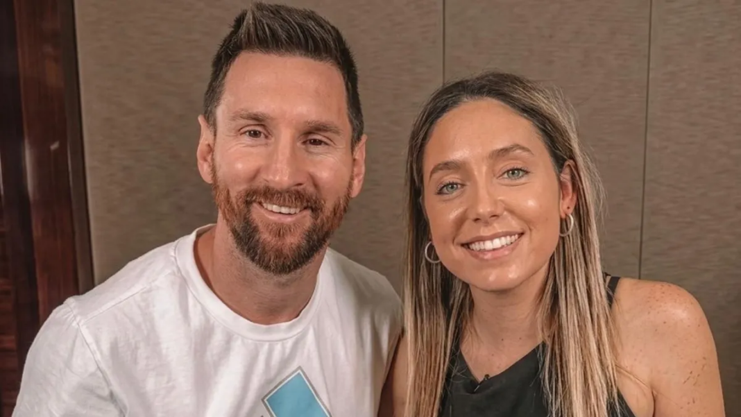 Sofi Martínez y Lionel Messi en zona mixta del Hard Rock Stadium de Miami