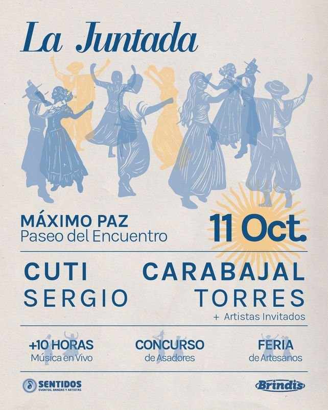 Cartel de La Juntada en Máximo Paz con los nombres de Cuti Carabajal y Sergio Torres