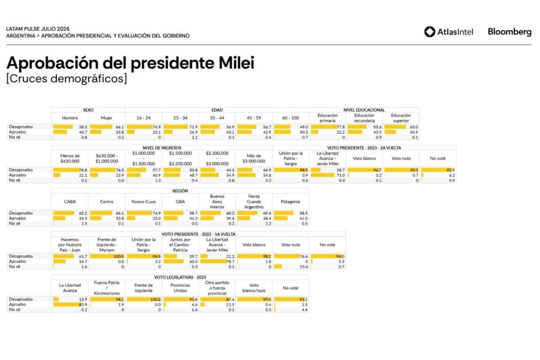 Gráfico de encuesta con porcentajes de desaprobación y evaluación económica