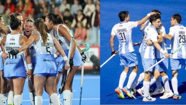 Equipo argentino de hockey sobre césped celebrando la clasificación a semifinales