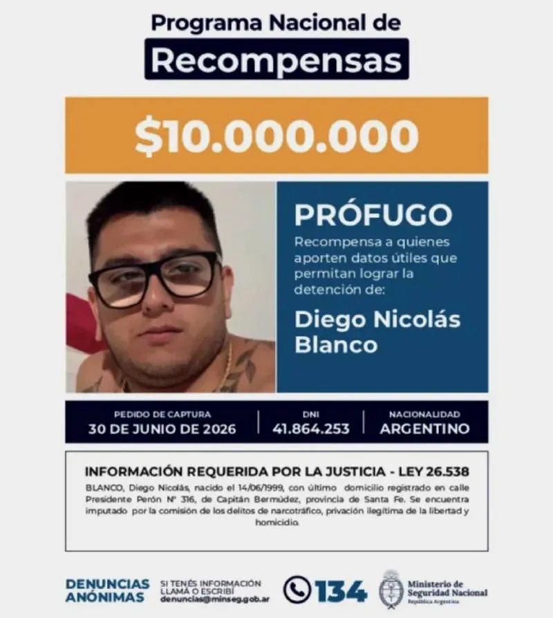 Diego Nicolás Blanco, prófugo buscado por narcotráfico y homicidio en Santa Fe