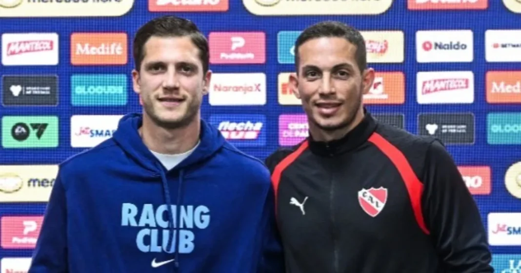 Facundo Cambeses e Iván Marcone durante la conferencia de prensa previa al clásico de Avellaneda