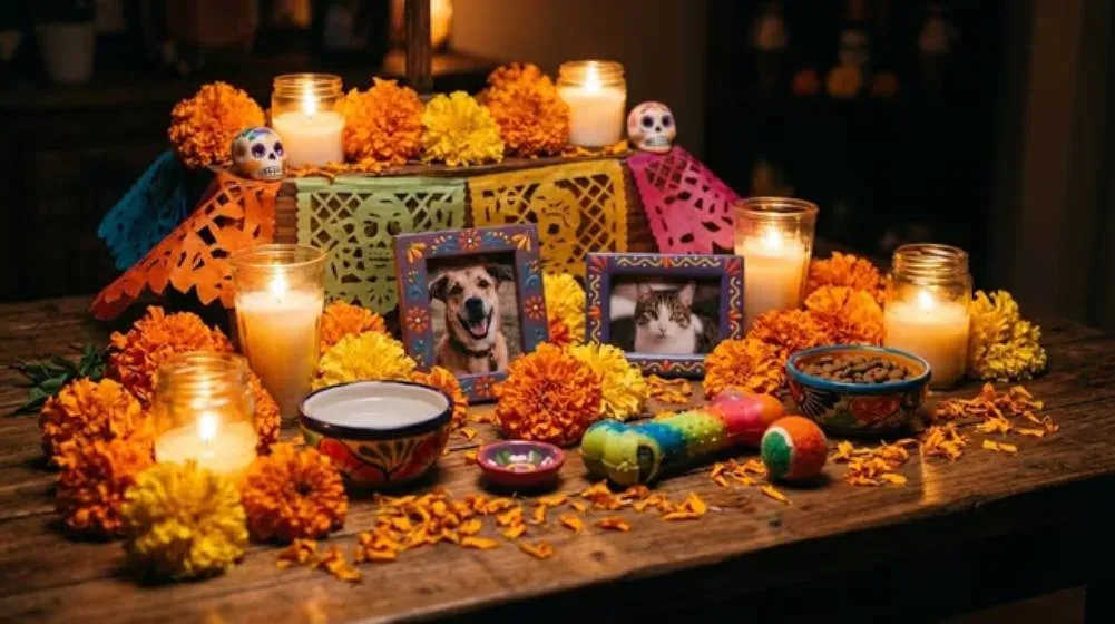 Altar doméstico con fotografías, velas y juguetes para recordar a una mascota fallecida