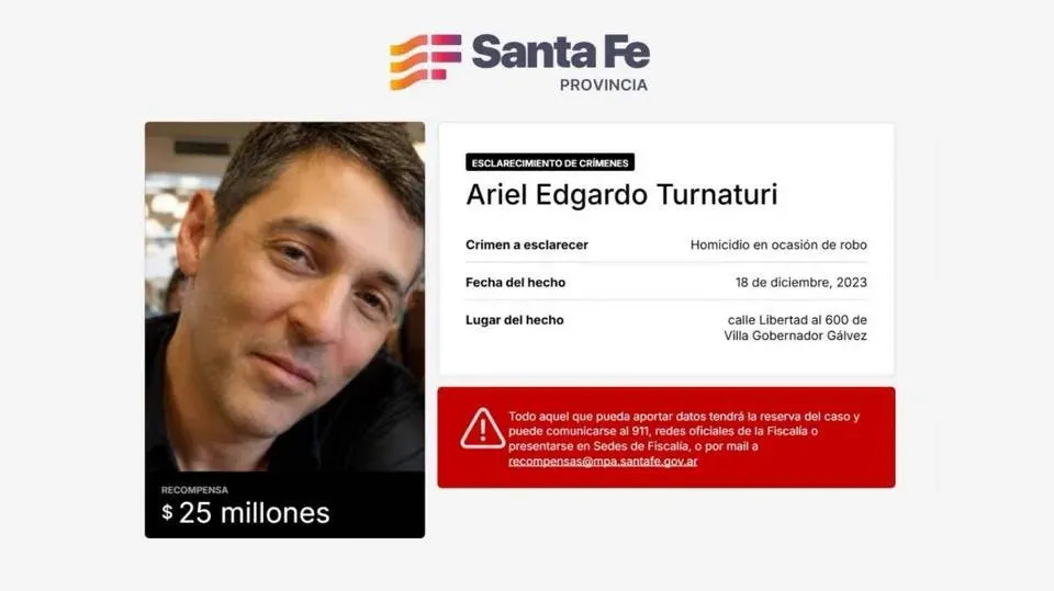 Comunicado del Gobierno de Santa Fe sobre la recompensa por el crimen de Ariel Turnaturi